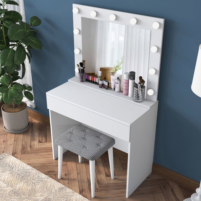 Hanah Home Mesa de Maquillaje Blanca con Espejo y Puf